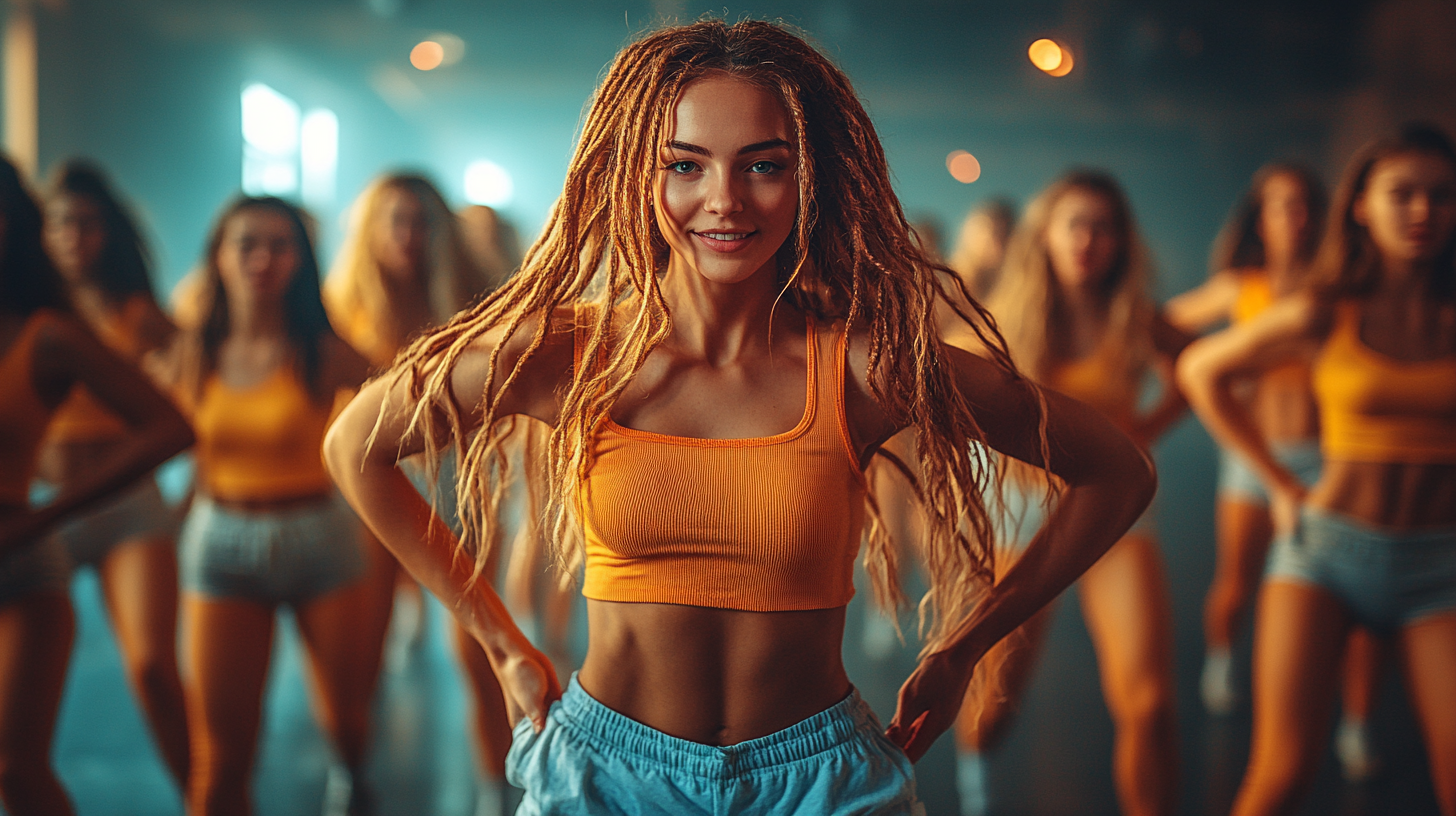 Stylish promotional video set with vibrant lighting and sophisticated design, highlighting dynamic dance movements